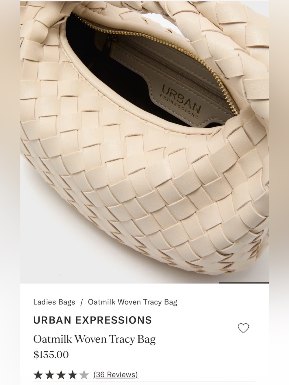 NWT Urban Expressions "Tracy" Cream Woven Faux Leather Bag - Picture 4 of 8